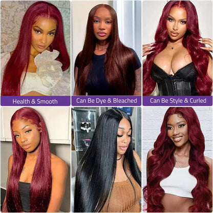 40 Inch 99j Burgundy Straight Wig 13x6 HD Transparent Frontal Lace Wig 13x4 Lace Front 100% Pre-Plucked Brazilian Human Hair Wig