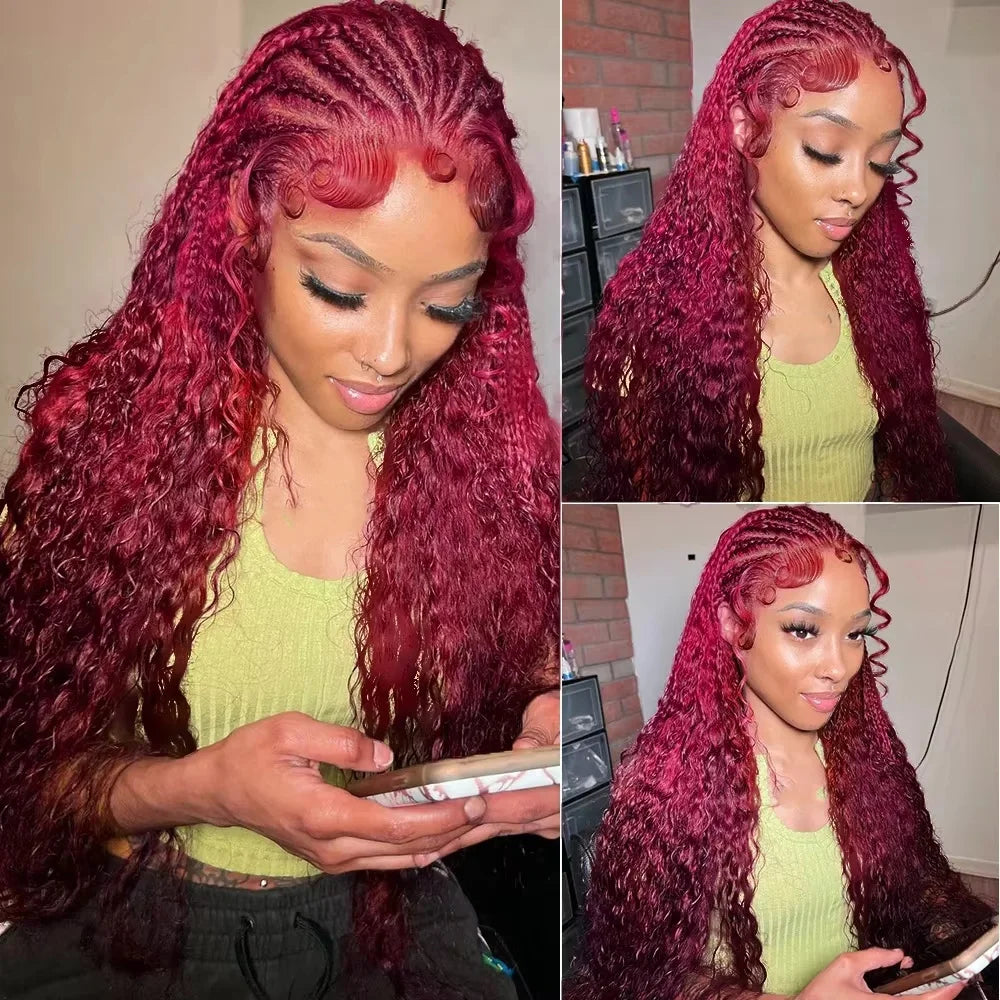 99J Burgundy Human Hair Lace Wig 13x6 Front HD Lace Deep Wave Wig 13x4 Transparent Lace Red Wine color Wig 18-40 Inch For Women