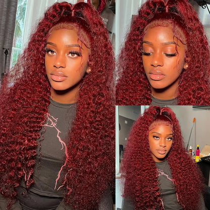 Brazilian Human Hair Lace Wig 99j Burgundy 13x6 Hd Lace Frontal Wig 13x4 Transparent Lace Curly Deep Wave Wig 200% Density.