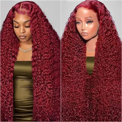 99J Burgundy Human Hair Lace Wig 13x6 Front HD Lace Deep Wave Wig 13x4 Transparent Lace Red Wine color Wig 18-40 Inch For Women