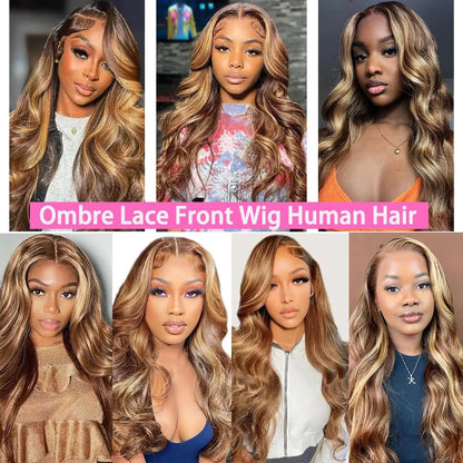 P4/27 Highlight Ombre Wig Human Hair Body Wave HD Transparent Lace Front Wigs Human Hair 200% Density Wigs Pre Plucked For Women