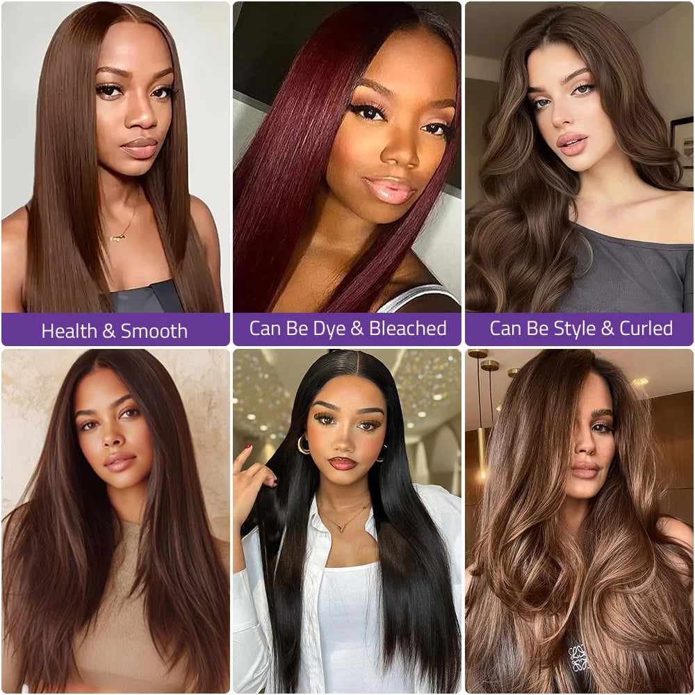 Chocolate Brown Bone Straight Front Lace Wig 13x6 Transparent Lace Frontal Wig 13x4 HD Lace Pre-Plucked Brazilian Human Hair Wig