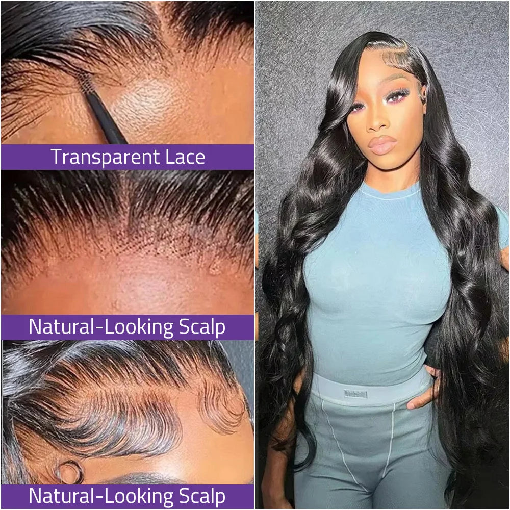 200% Density Body Wave Human Hair Wig with 13x6 HD Lace Front, 13x4 Transparent Frontal, and 5x5 Glueless – Natural Black Color.