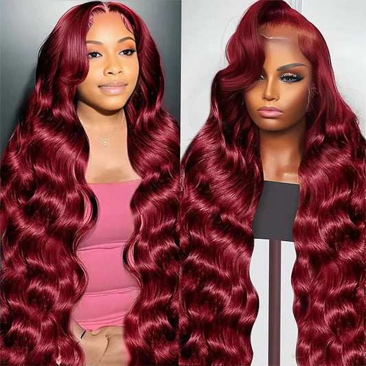 200 Density Body Wave Wig Burgundy #99J Lace Front Wig 13x4 13x6 HD Lace Frontal Wig Human Hair Pre Plucked Colored Wig Can Dyed