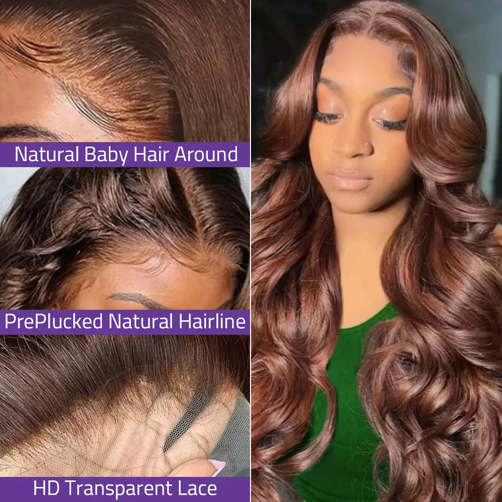 200 Density 13x6 HD Chocolate Brown Body Wave Lace Front Wig Human Hair Pre Plucked #4 Brown 13x4 Transparent Lace Frontal WigS