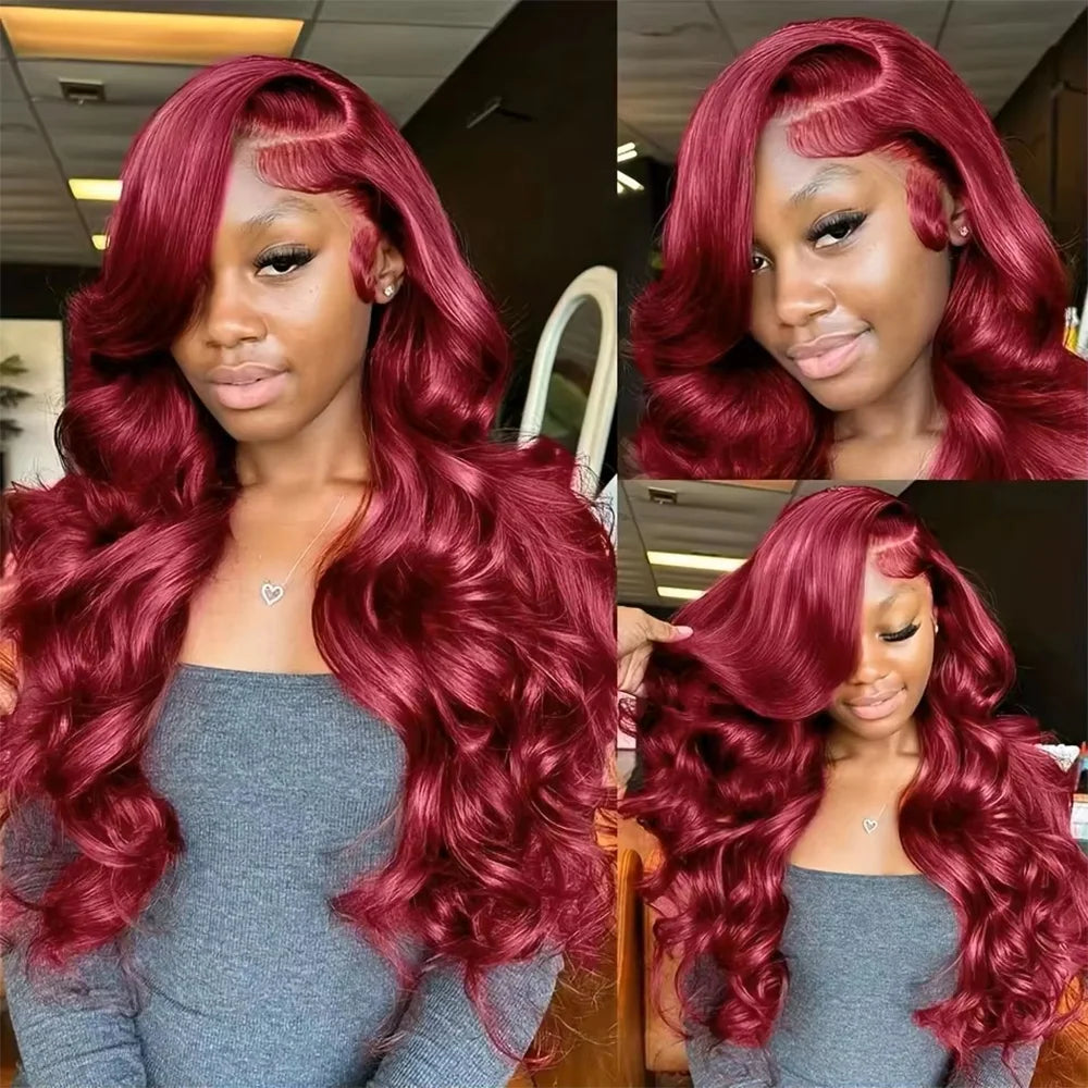 13x4 and 13x6 HD Transparent Frontal Lace Wig 99j Burgundy 40 Inch Pre-plucked Brazilian Human Hair Lace Body Wave Wig For Women