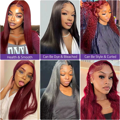 Straight Wig 99j Burgundy 13x6 Frontal Lace Wig Brazilian Human Hair Preplucked Frontal Wig HD Transparent Lace Human Hair Wig .