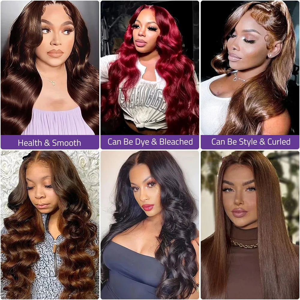 13x6 Chocolate Brown Color Front Lace Wig 40 Inch Body Wave Lace Frontal Wigs 100% Pre-plucked Human Hair 13x4 HD Front Lace Wig