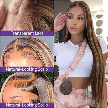 Highlight P4/27 Straight 100% Human Hair Lace Wig, 200% Density Honey Blonde 13x4 HD Lace Frontal Wig 13x6 Transparent Lace Wig.