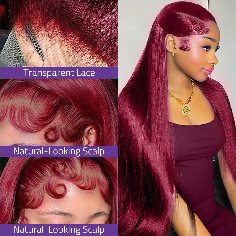 Burgundy Bone Straight 13x4 HD Frontal Lace Human Hair Wig Red Wine 13x6 Frontal Lace 100% Human Hair Wig 99J Brazilian Hair Wig