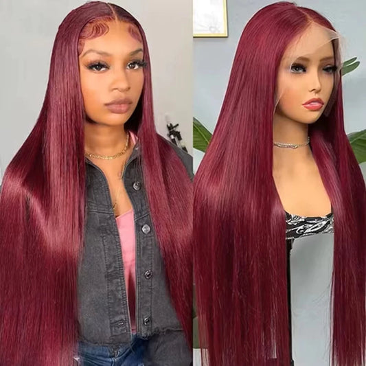#99j Burgundy Lace Front Human Hair Wig 36 Inch 13x6  Lace Frontal Bone Straight Wig HD Transparent Lace Colored Wig For Women.