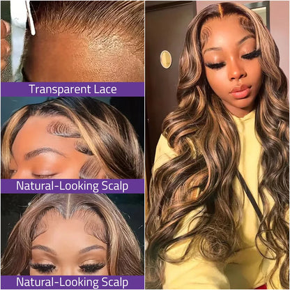 18-40 Inch Body Wave P4/27 Highlight 13x4 Frontal Lace Wig Pre-plucked 200% Density Human Hair 13x6 Lace Front Honey Blonde Wig