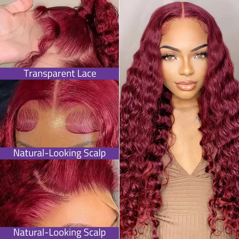 99J Burgundy 18-38 Inch Deep Wave Wig 13x6 Lace Front Curly Wig Red Wine Color Wave Wig 13x4 HD Transparent Lace Human Hair Wig.