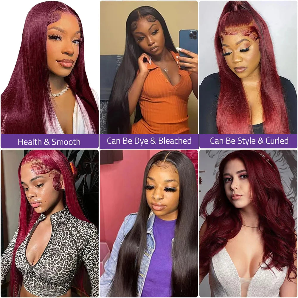 99J Burgundy Bone Straight Transparent Lace Wig 13x4 13x6 HD Lace Front Human Hair Wig Pre-Plucked 18-40 Inch Brazilian Hair Wig