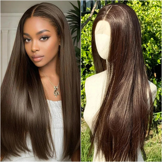 40 Inch Bone Straight Chocolate Brown Wig 13x6 HD Lace Frontal Wig 100% Pre-Plucked Human Hair 13x4 Lace Front Brown Colored Wig
