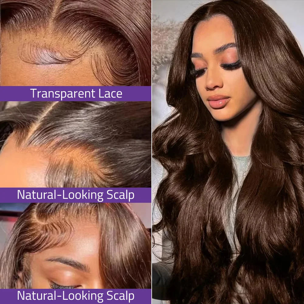 Chocolate Brown Body Wave Lace Frontal Wig 36 Inch HD Lace Wig 100%  Human Hair Wig Transparent Lace Suitable For Any Skin Color
