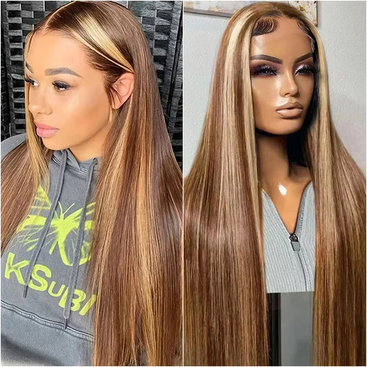 200 Density Highlight 4/27 Straight Wig,13x4 and 13x6 HD Lace Front Wig,Brazilian Preplucked Human Hair Colored Lace Frontal Wig