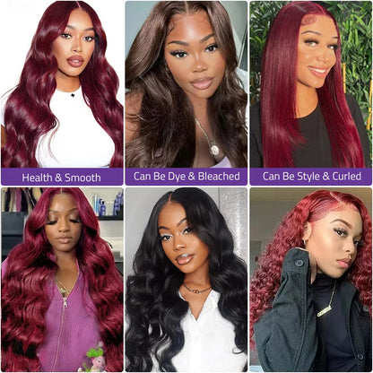 Burgundy Red #99J 13x6 HD Lace Frontal Wigs 100%  Pre-Plucked Brazilian Human Hair 13x4 Transparent Lace Frontal Body Wave Wigs