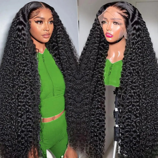 40 Inch 5x5 Glueless Lace Black Curly Wigs 13x6 HD Frontal Lace Wigs Deep Wave 200 Density Pre-Plucked Human Hair Wigs For Women