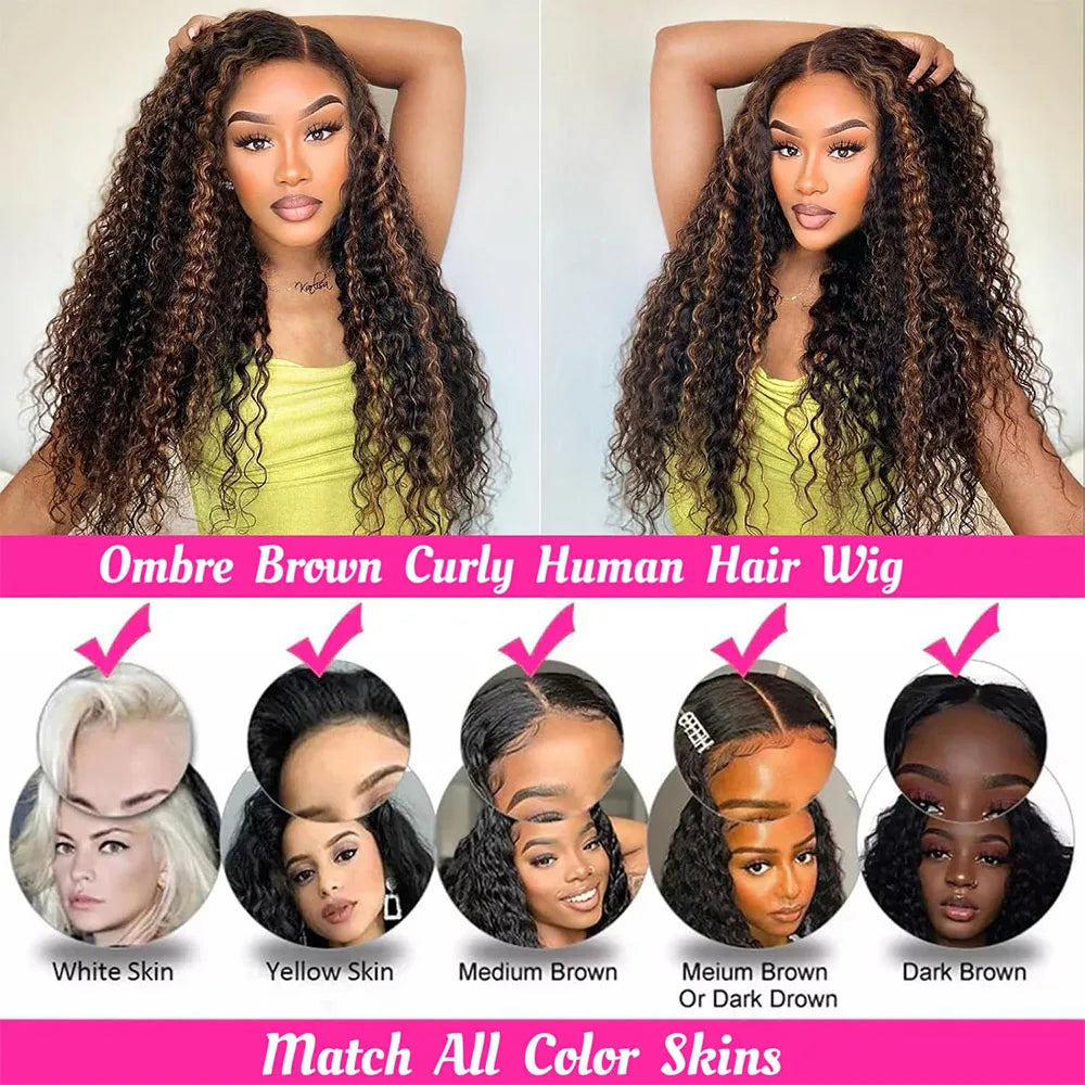 Deep Wave Highlight Wig Human Hair P1B/30 Ombre Human Hair Wig Pre Plucked 13x4 Curly Lace Front Wigs 200 Density For Women Remy