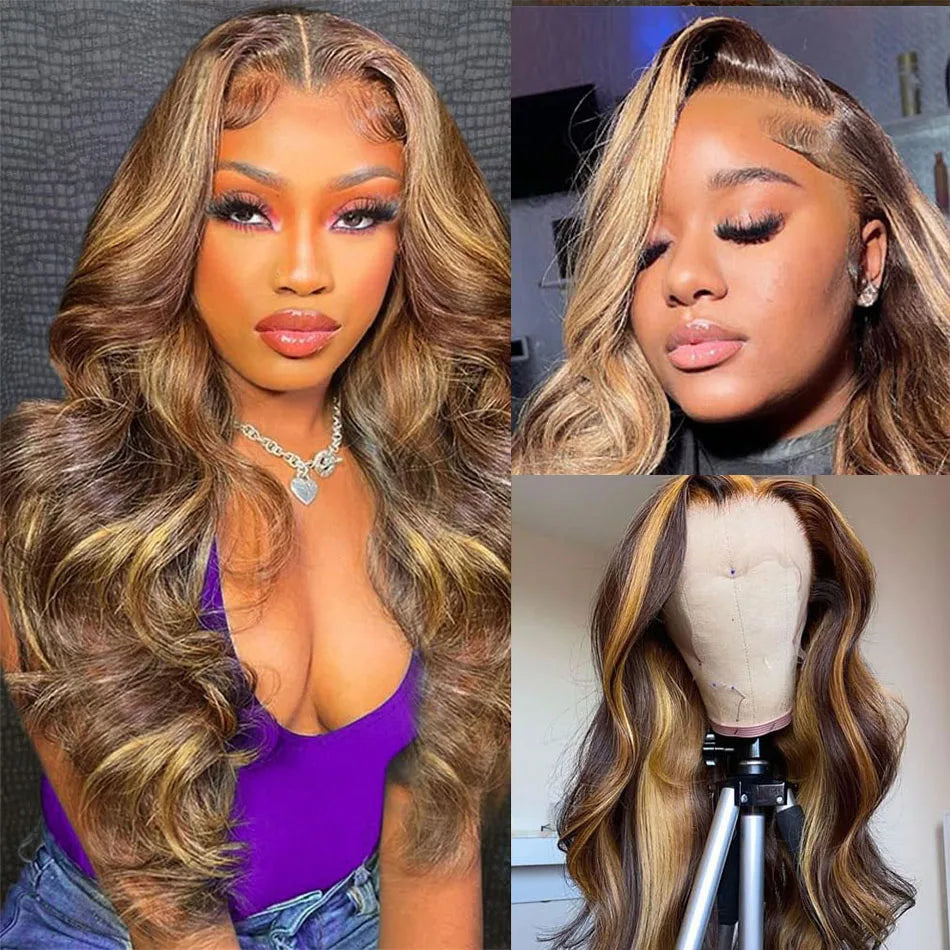 P4/27 Highlight Ombre Wig Human Hair Body Wave HD Transparent Lace Front Wigs Human Hair 200% Density Wigs Pre Plucked For Women