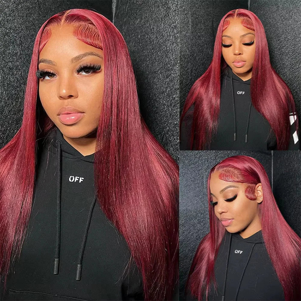 40 Inch Burgundy 99J Color Bone Straight Wig 13x6 HD Frontal Lace 220Density Wig 13x4 Lace Frontal 100% Human Hair Wig For Women
