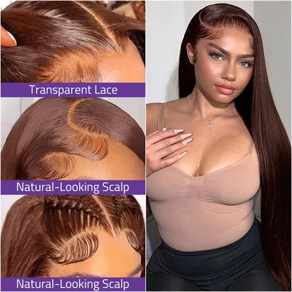 40 Inch Bone Straight Chocolate Brown Wig 13x6 HD Lace Frontal Wig 100% Pre-Plucked Human Hair 13x4 Lace Front Brown Colored Wig