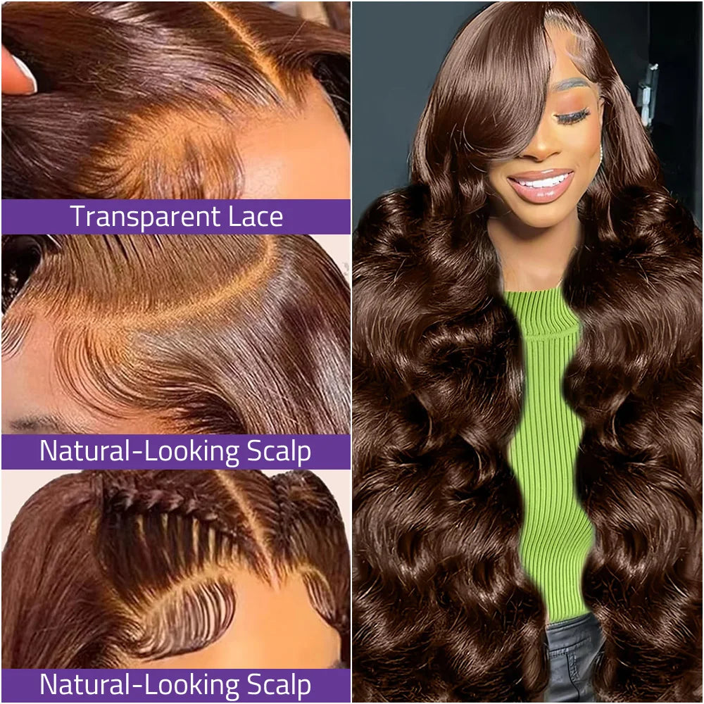40 Inch Body Wave Chocolate Brown Hair Transparent Lace Front Wig 13X4 and 13x6 Frontal HD Lace High Density 100% Human Hair Wig