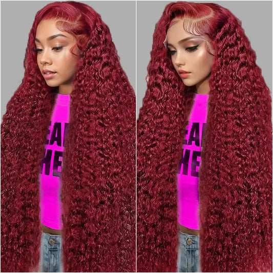 36 Inch  Deep Wave Wigs Red 99J Colored Lace Wigs 13x6 HD Lace  Human Hair Wigs 200 Density Transparent Lace Wigs  For Women .