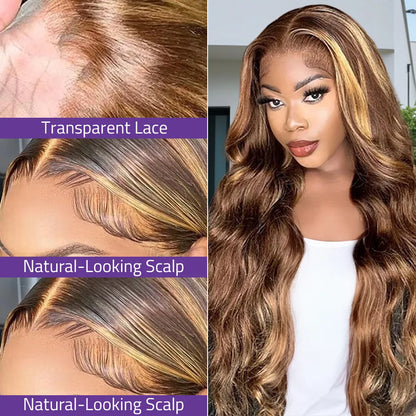 200 Density Transparent Lace Front Wig Brazilian Human Hair High light P4/27 Body Wave Color Wig For Women 13x6 Lace Frontal Wig
