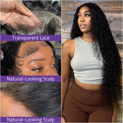 18-40 Inch Black Deep Wave Curly Lace Frontal Wigs 13x6 HD Lace Frontal Wig 100% Brazilian Human Hair Wig 220% Density For Women