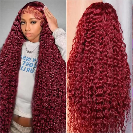 13x4 13x6 HD Transparent Frontal Lace Wig 220 Density #99j Burgundy Deep Wave Pre-plucked Colored Brazilian Human Hair Lace Wigs
