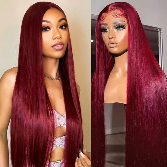 40 Inch Burgundy Brazilian Human Hair Lace Wigs 13X6 Frontal Lace Red 99J Bone Straight Wigs 13x4 HD Lace Highlight Colored Wigs