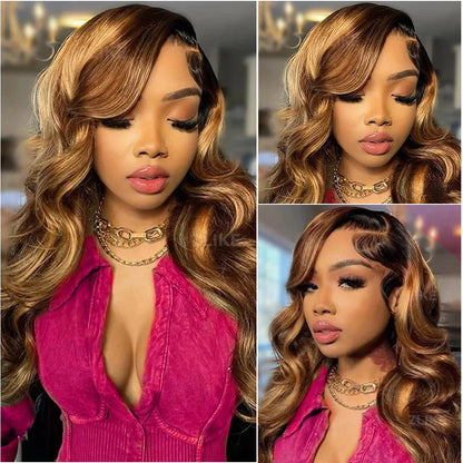 4/27 Highlight Body Wave Wig 36 Inch Brazilian Human Hair Lace Wig 13x6 Hd Transparent  Lace Front Wig 200 Density   For Women .