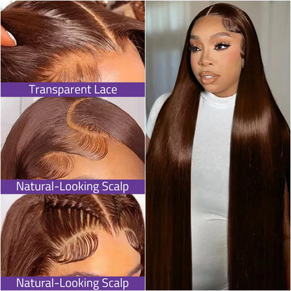 13x6 HD Lace Frontal Chocolate Brown Bone Straight Wig 13x4 Transparent Lace Front Pre-Plucked 40 Inch Human Hair Wigs For Women