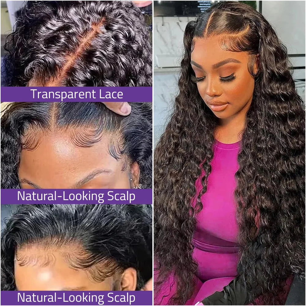 200 Density Black Hair Lace Wig 13x6 Transparent Frontal Lace Deep Wave Wig 360 Full Lace 40 Inch Wig 100% Human Hair On Selling