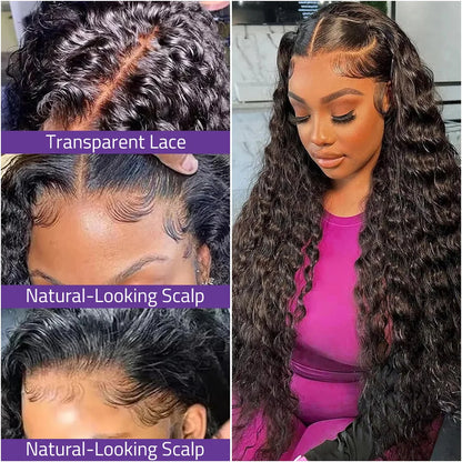 200 Density Black Hair Lace Wig 13x6 Transparent Frontal Lace Deep Wave Wig 360 Full Lace 40 Inch Wig 100% Human Hair On Selling