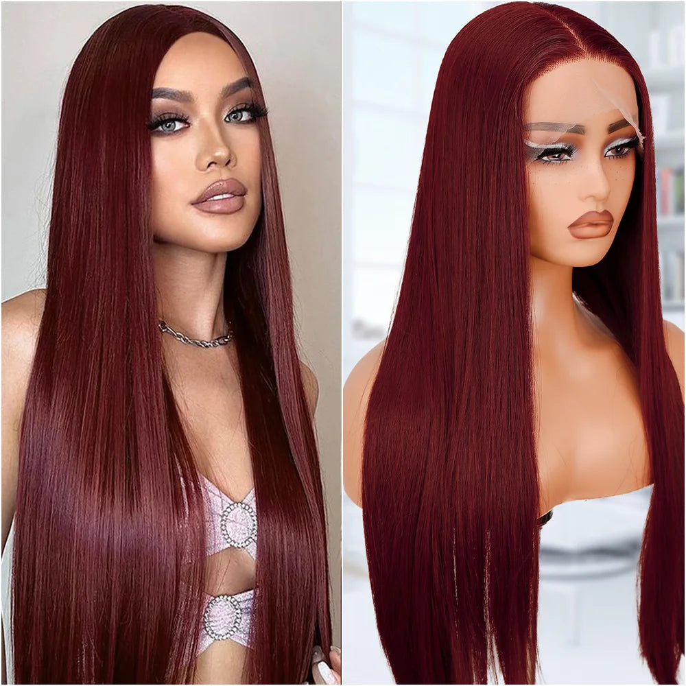 Straight Wig 99j Burgundy 13x6 Frontal Lace Wig Brazilian Human Hair Preplucked Frontal Wig HD Transparent Lace Human Hair Wig .