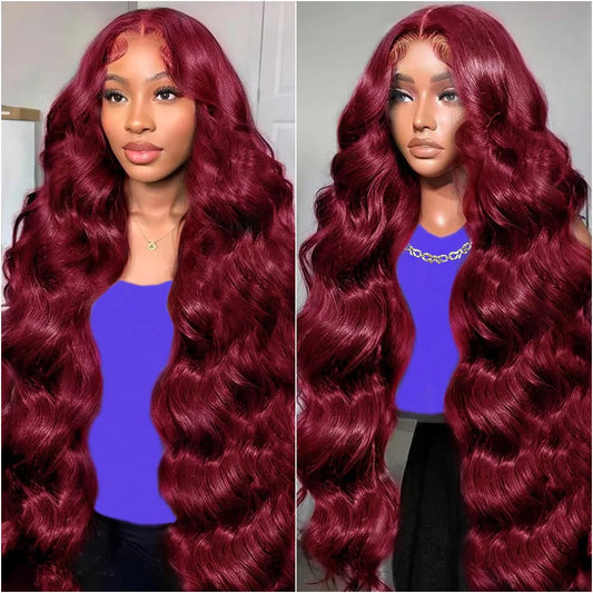 Body Wave Brazilian Human Hair Wig 13x4 13x6 HD Transparent Lace Frontal Wig 99j Burgundy Red Colored Wig 18-36 Inch On Sale.