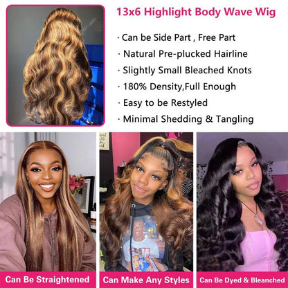 4/27 Highlight Ombre Wig Human Hair Body Wave 13x6 Lace Front Wig Pre Plucked Transparent Lace Frontal Wigs 200% Density 30 Inch