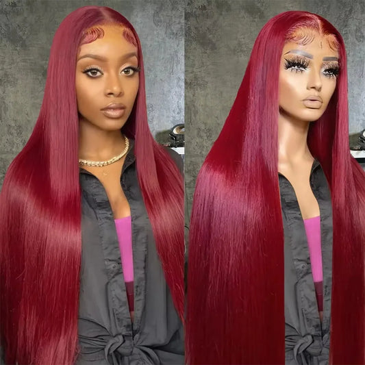 40 Inch Burgundy 99J Color Bone Straight Wig 13x6 HD Frontal Lace 220Density Wig 13x4 Lace Frontal 100% Human Hair Wig For Women