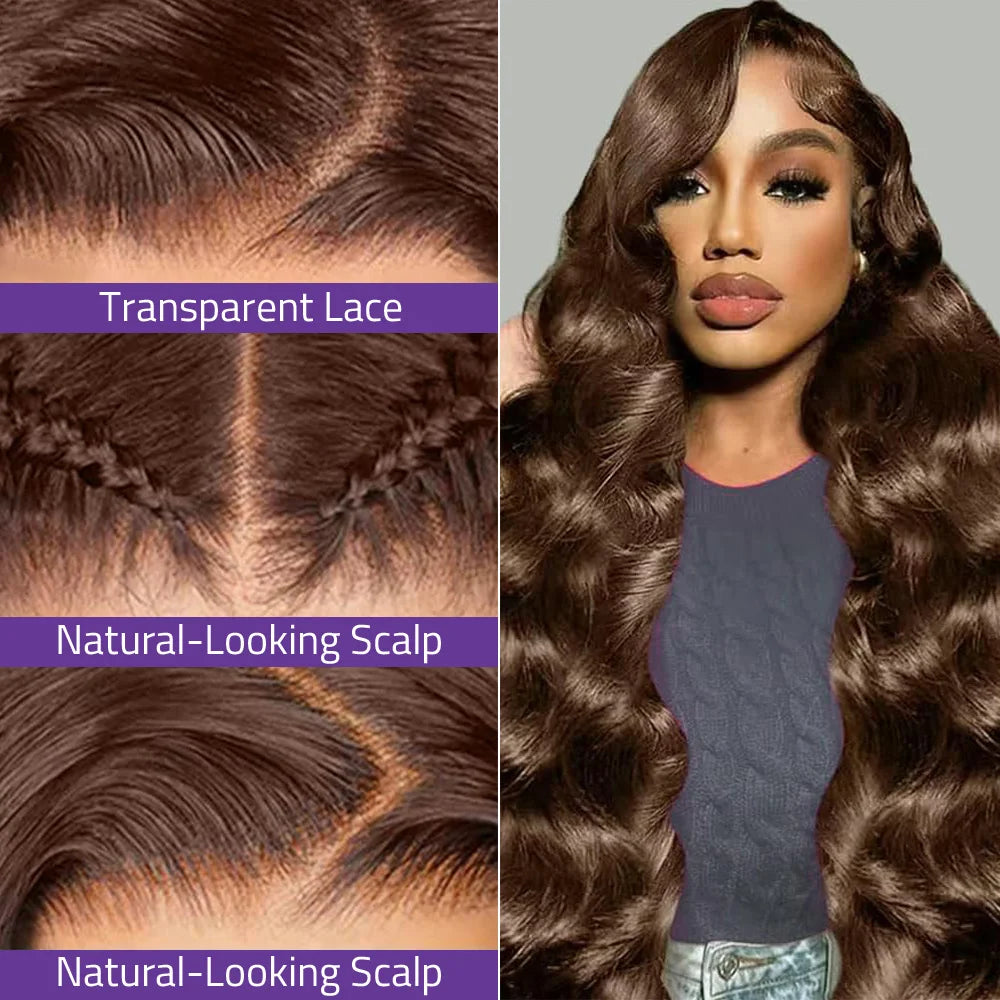 Chocolate Brown Body Wave Lace Front Wig Made from 100% Human Hair,HD Lace Frontal Wig in 13x4 13X6 Size with Preplucked Design.