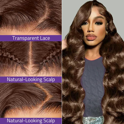 Chocolate Brown Body Wave Lace Front Wig Made from 100% Human Hair,HD Lace Frontal Wig in 13x4 13X6 Size with Preplucked Design.