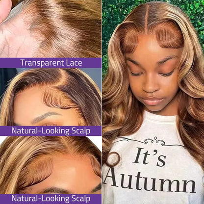 36 Inch Highlight Body Wave Human Hair Wig P4/27 Honey Blonde 13x6 HD Lace Frontal Wig 13x4 Lace Front Wig Curly Wig 200 Density