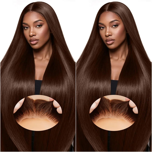 18-36 Inches Chocolate Brown Colored Straight Full Frontal 13x4 13x6 HD Transparent Lace Front Remy Human Hair Wigs 200 Density.