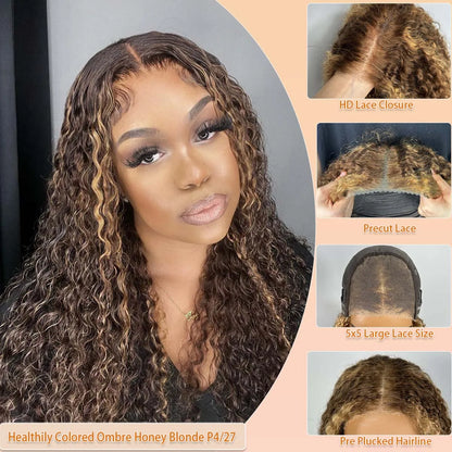 427 Bob Curly Wigs Human Hair Glueless Wear And Go Pre Plucked Pre Bleached Pre Cut Deep Wave Lace Front With 220 Density 10”