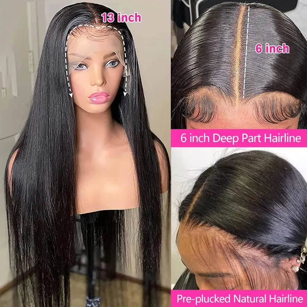 30 Inch 13x6 HD Transparent Lace Front Human Hair Wigs 250% Density Natural Black Straight Lace Front Human Hair Wigs For Women