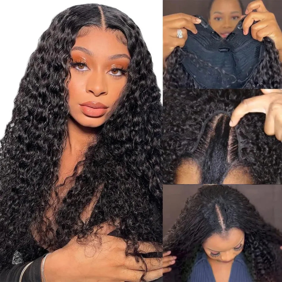 Curly V Part Wigs Human Hair Brazilian For Black Women Upgrade U Part Wigs No Sew No Glue 220% Density Human Hair Wigs Deep Wave