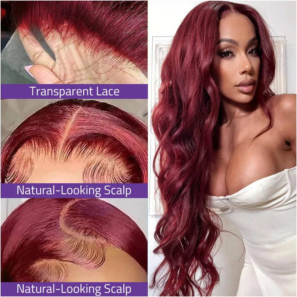#99j Burgundy Body Wave 100% Human Hair Wig with 13x6 HD Lace Frontal and 13x4 Transparent Lace Front Wig,Great value on sale.