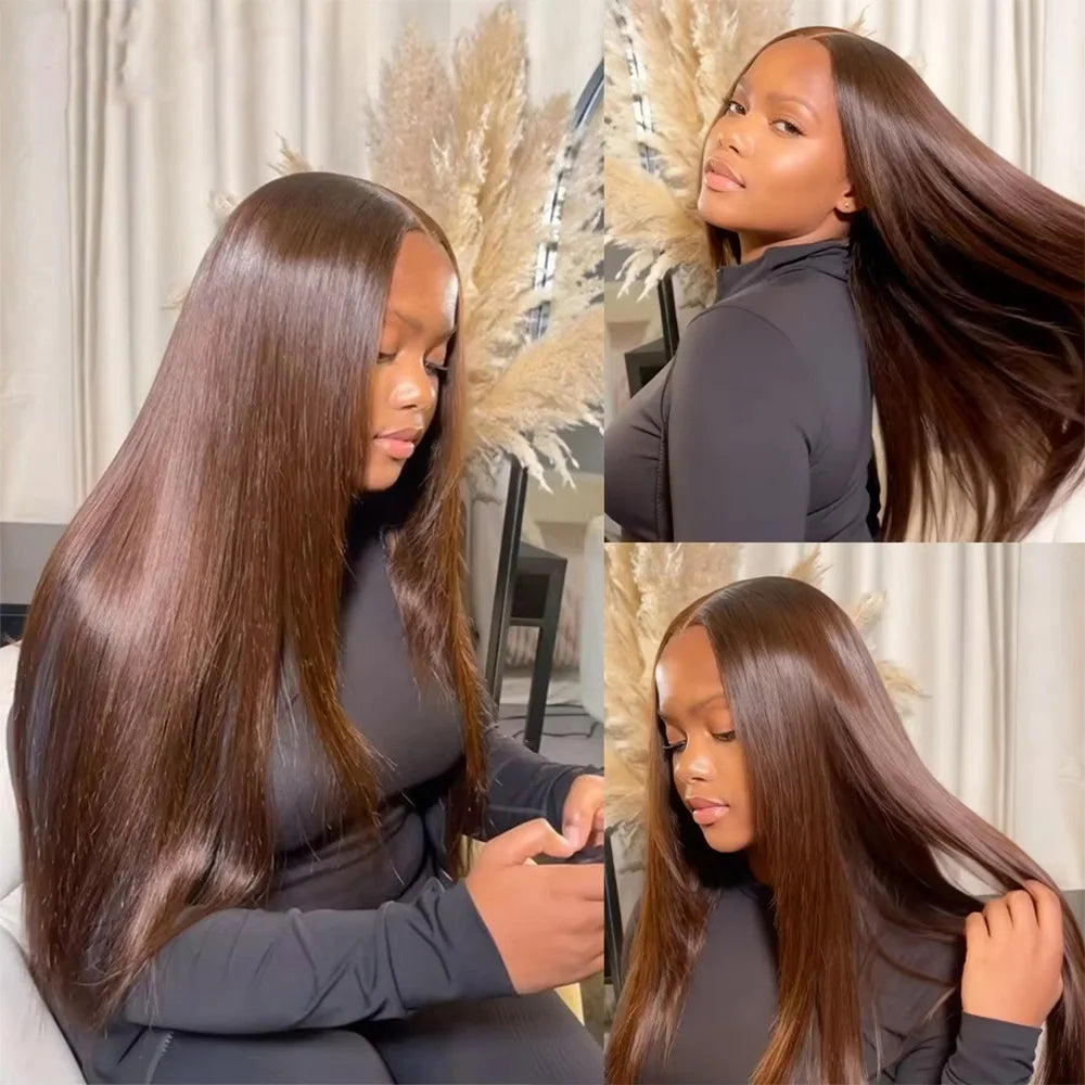 13x6 HD Lace Frontal Chocolate Brown Bone Straight Wig 13x4 Transparent Lace Front Pre-Plucked 40 Inch Human Hair Wigs For Women